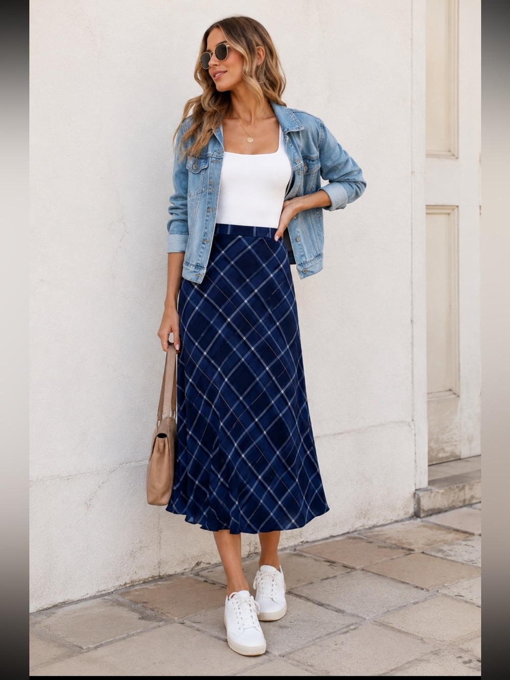Eddie Bauer Navy Plaid Linen Blend Midi Skirt Size 4 Preppy Academia